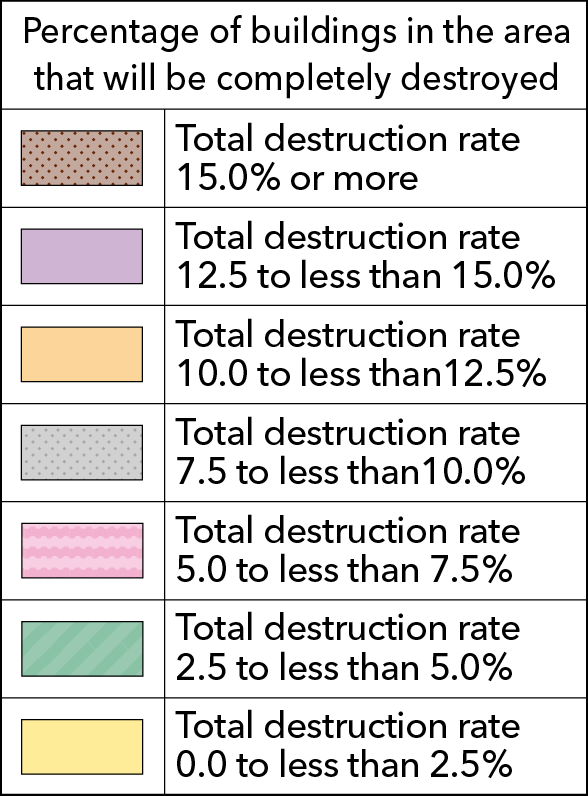 Percentage of buildings in the area that will be completely destroyed