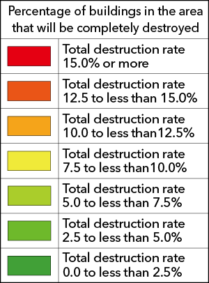 Percentage of buildings in the area that will be completely destroyed