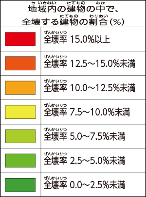 地(ち)域内(いきない)の建物(たてもの)の中(なか)で、全壊(ぜんかい)する(全部(ぜんぶ)壊(こわ)れる)建物(たてもの)の割合(わりあい)（％）