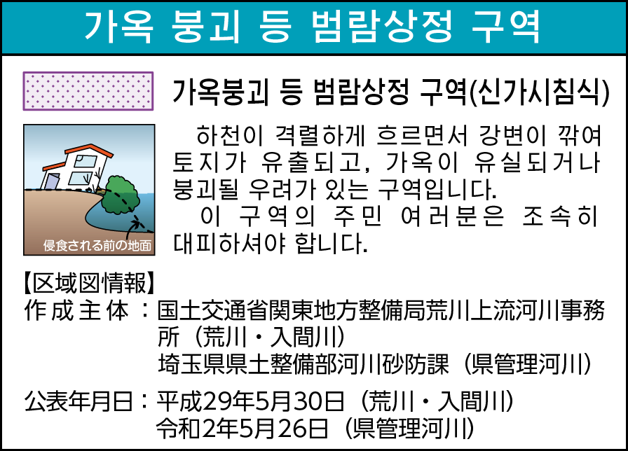 가옥 붕괴 등 범람상정 구역(신가시침식)